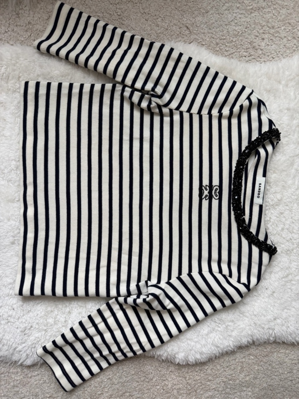 Sandro Navy & Cream embelished collar Striped Top
